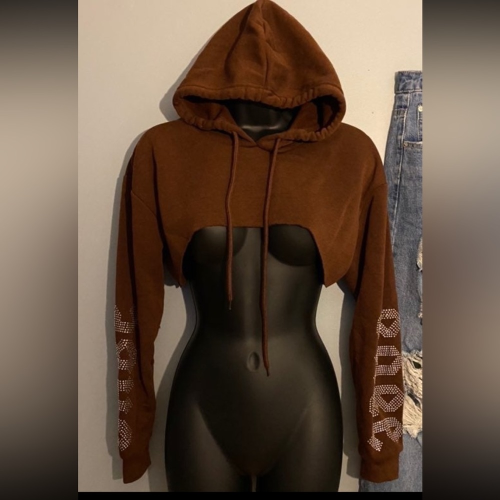 Brown Medium Rhinestone Babe Extreme Crop Hoodie